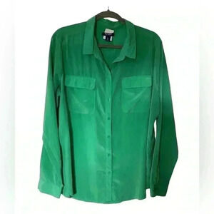 Old Navy Green Satin Look Long Sleeve Button Up Shirt Size XL two pockets